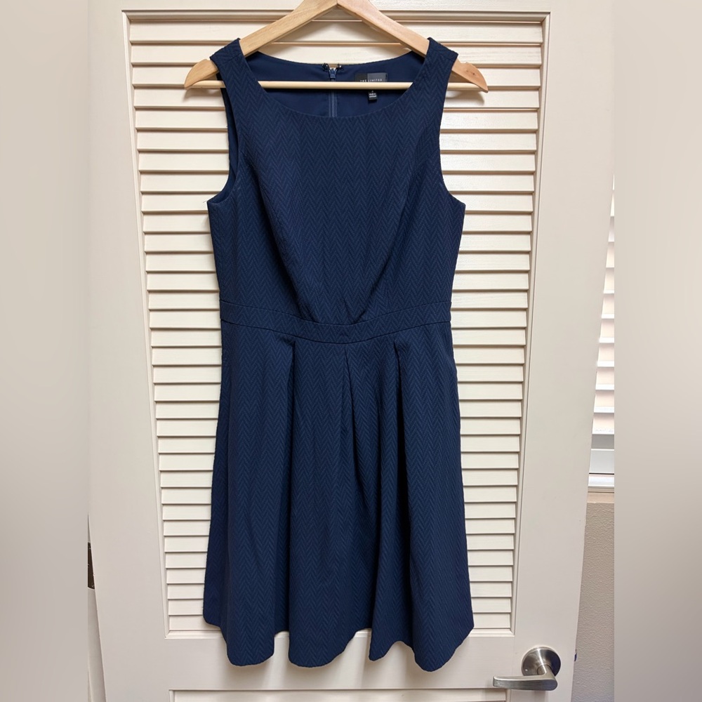 The Limited Navy Blue Fit & Flare Dress Womens 4 Textured Chevron Sleeveless